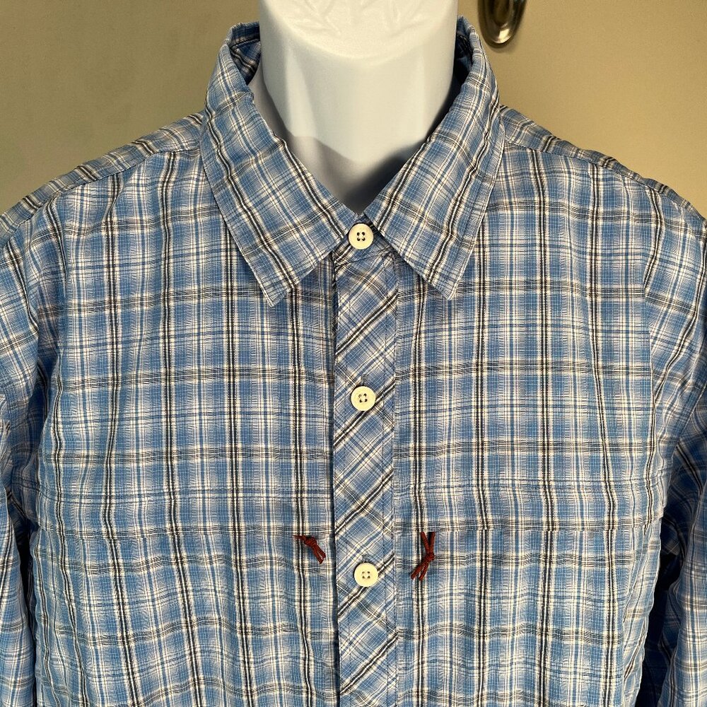 🎣 SIMMS Men's Vented Fishing Shirt XL Blue White Plaid 3/4 Sleeve EUC 🐟